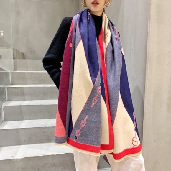 Red, Cream and Blue Fashion scarf - Picture 2 of 4